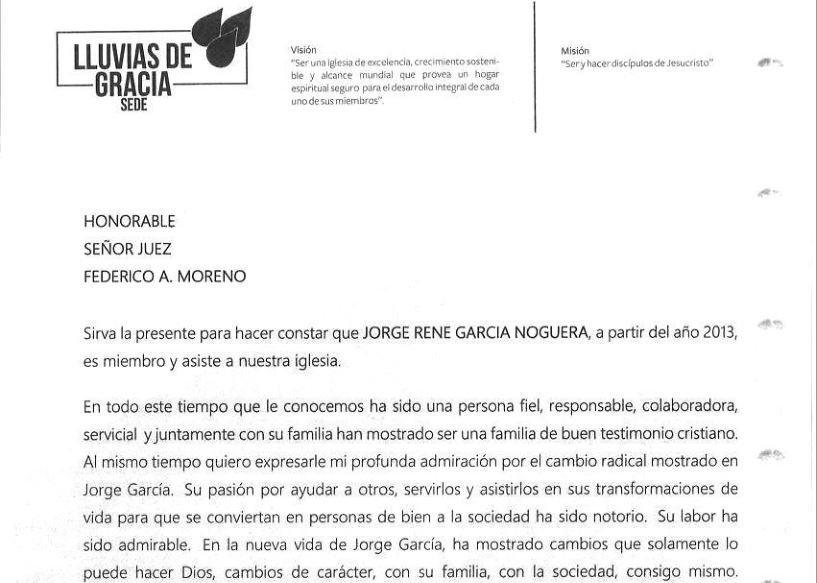 Carta en la que se declaraba que Jorge René García Noguera asistía a la iglesia.