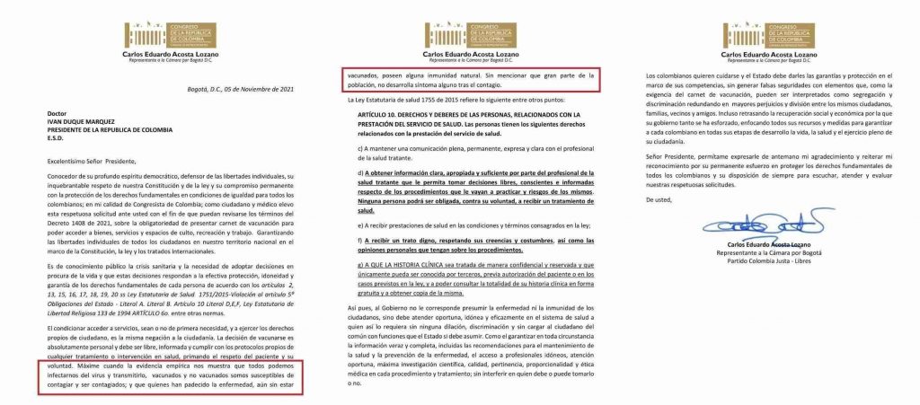 Carta en la que Carlos Eduardo Acosta protesta contra el Plan Nacional de Vacunación en Colombia.