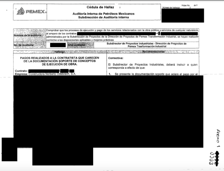 Fragmento de documento de  la carpeta de investigación iniciada en 2017 por el caso Odebrecht en México.