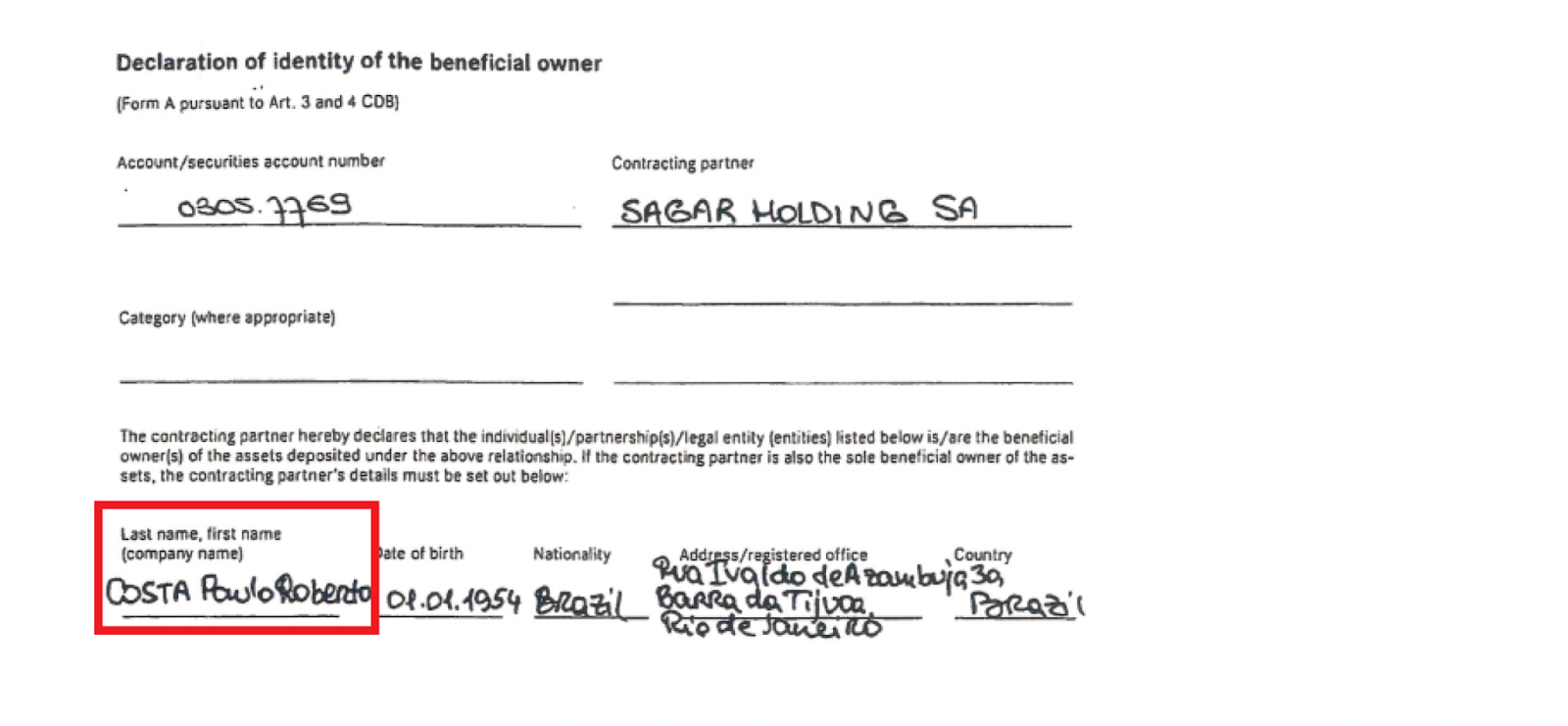 Documento donde consta que Paulo Roberto Costa es el beneficiario de Sagar Holding SA.
