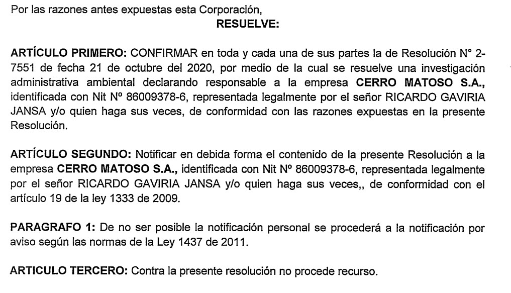 Resolución de sanción a Cerro Matoso, proyecto emblemático de minería en Córdoba