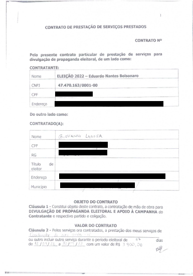 Copia del contrato de servicios de Giovani Larosa para la campaña de Eduardo Bolsonaro
